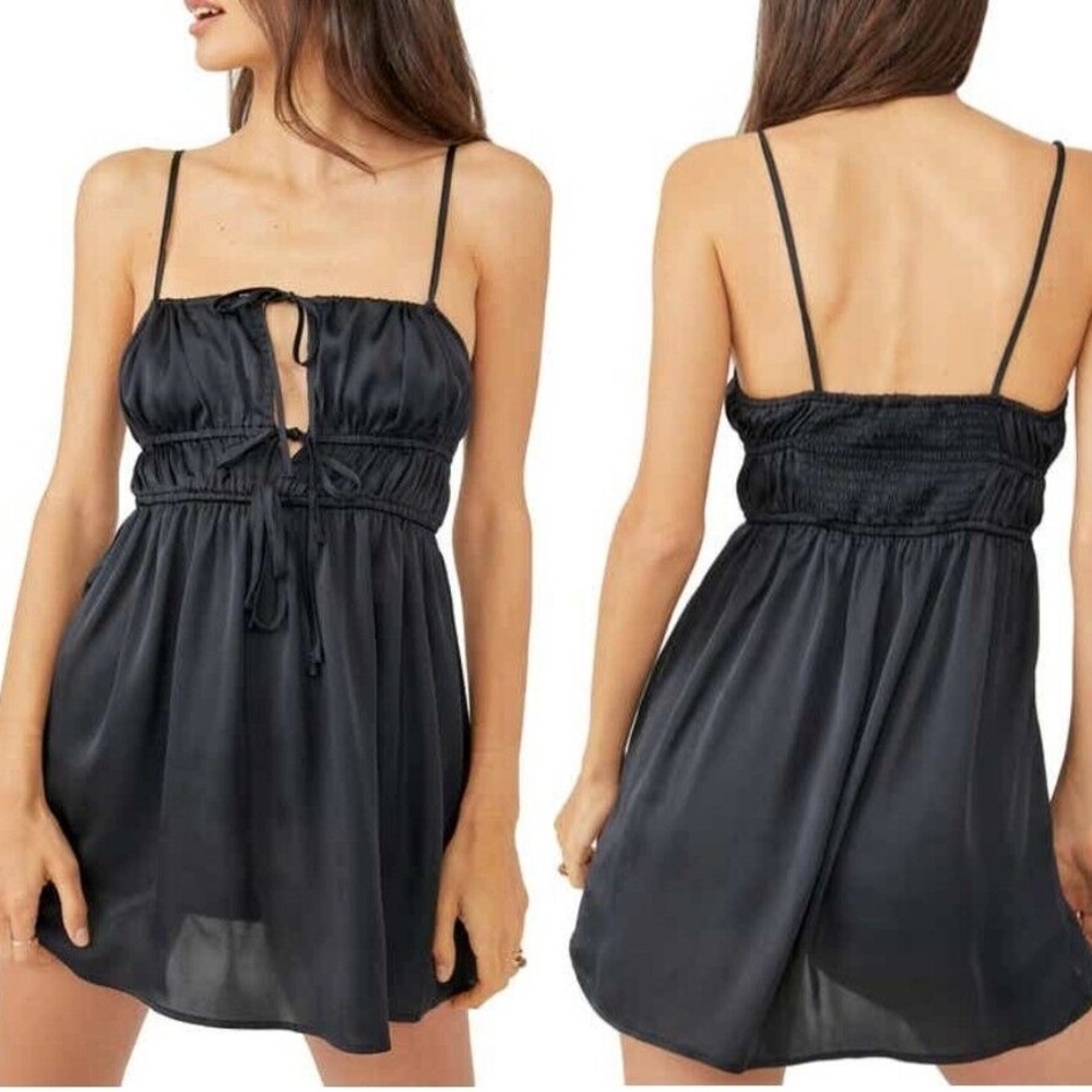 Free People Black Mini Slip Dress with Tie Front